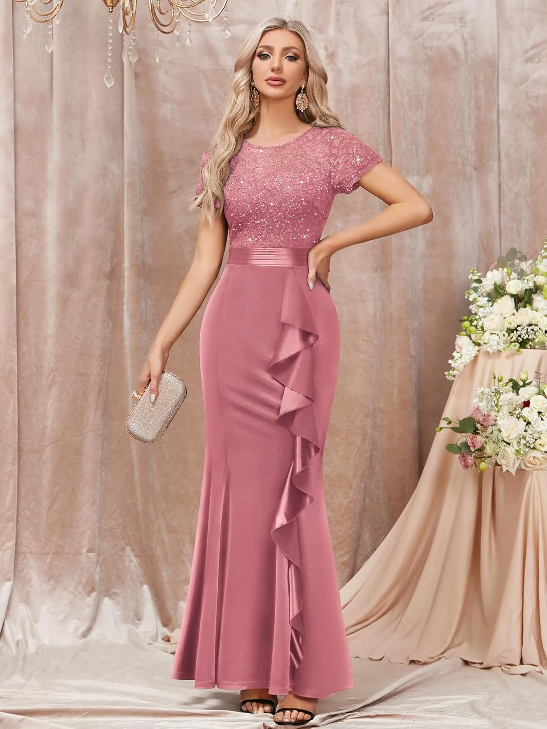 Miusol Women's Elegant Sequin Lace Contrast Ruffle Style Formal Evening Long Dress
