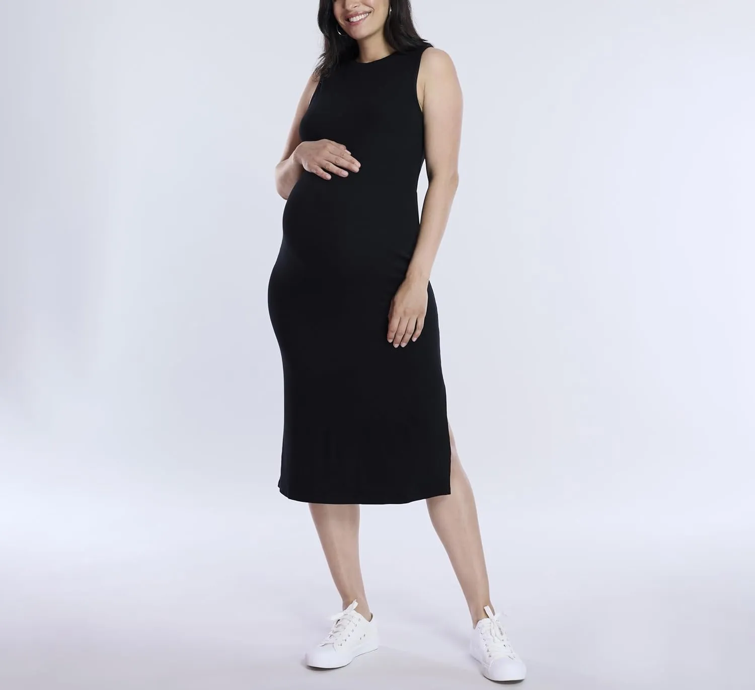 Motherhood Maternity Women's Sleeveless Crew Neck Rib Knit Midi Pregnancy Bodycon Dress