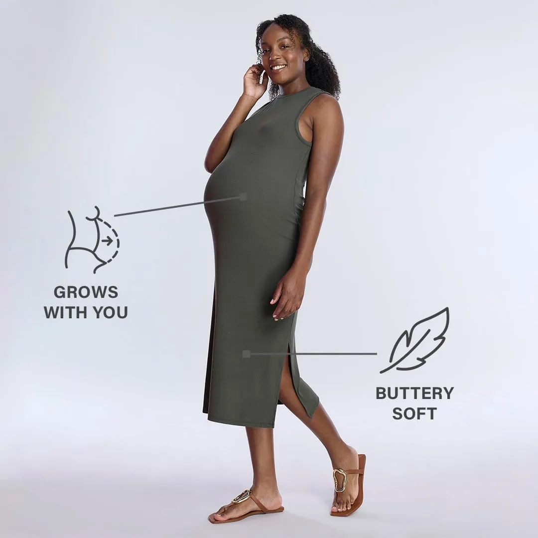 Motherhood Maternity Women's Sleeveless Crew Neck Rib Knit Midi Pregnancy Bodycon Dress
