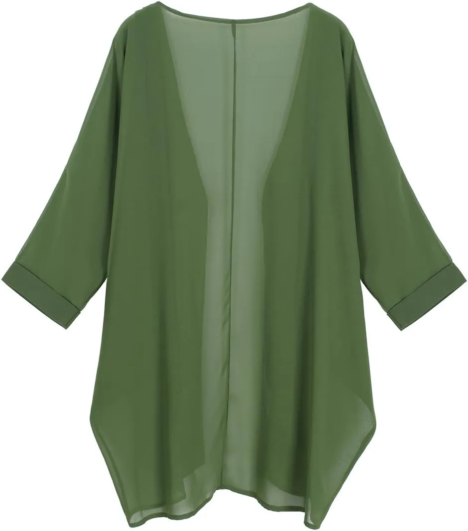 olrain Women's Floral Print Sheer Chiffon 3/4 Bat Sleeve Casual Loose Kimono Cardigan Capes