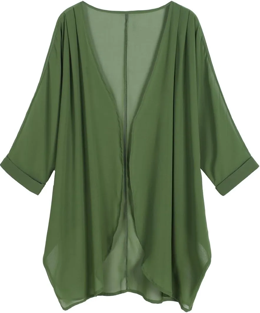 olrain Women's Floral Print Sheer Chiffon 3/4 Bat Sleeve Casual Loose Kimono Cardigan Capes