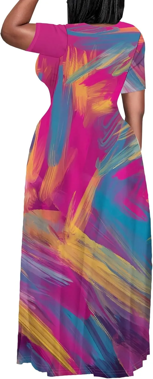 Plus Size Maxi Summer Dress for Women Vacation Outfits Round Neck Long Loose Maxi Dress