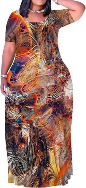 Plus Size Maxi Summer Dress for Women Vacation Outfits Round Neck Long Loose Maxi Dress