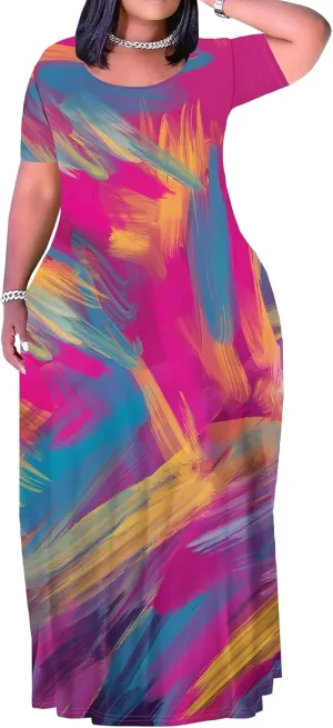 Plus Size Maxi Summer Dress for Women Vacation Outfits Round Neck Long Loose Maxi Dress