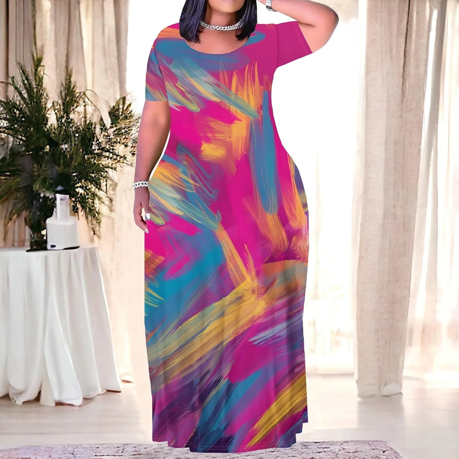 Plus Size Maxi Summer Dress for Women Vacation Outfits Round Neck Long Loose Maxi Dress