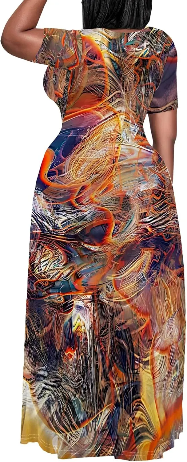 Plus Size Maxi Summer Dress for Women Vacation Outfits Round Neck Long Loose Maxi Dress