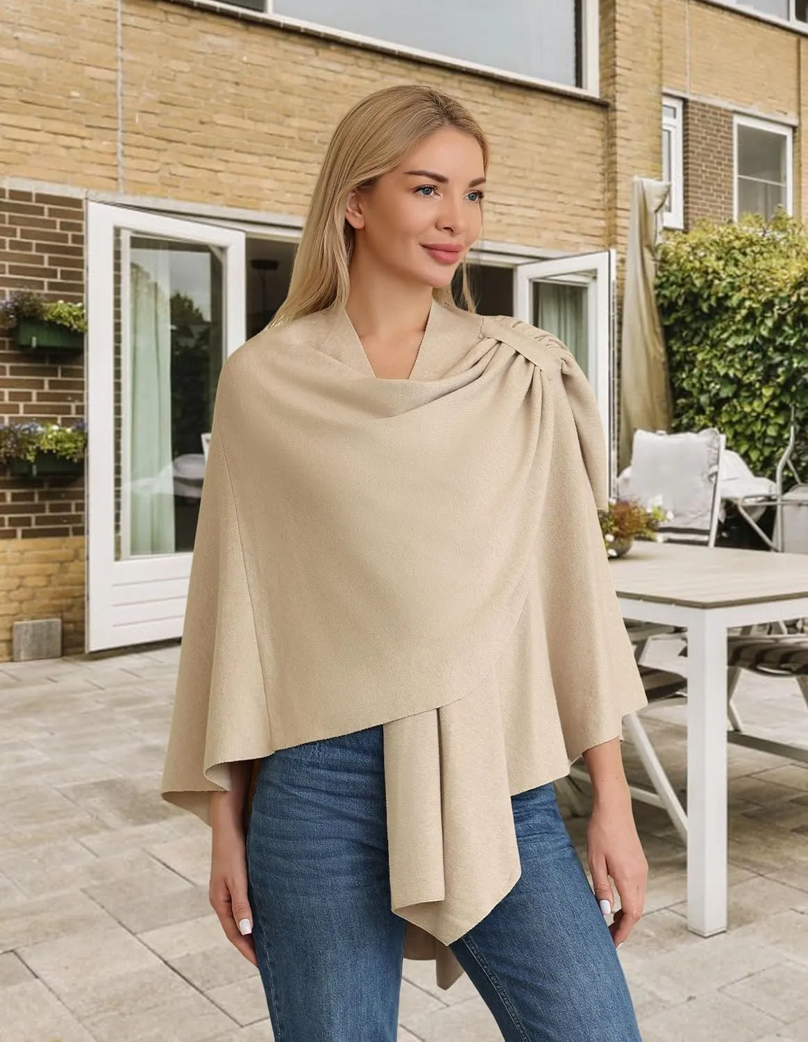 PULI Womens Large Cross Front Poncho Sweater Wrap Topper Knitted Elegant Shawls Cape for Fall Winter