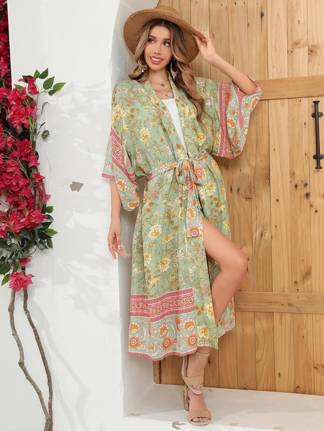 R.Vivimos Women's Vintage Floral Print Beach Boho Cardigan Kimono Maxi Swimwear Cover up Dress Wrap