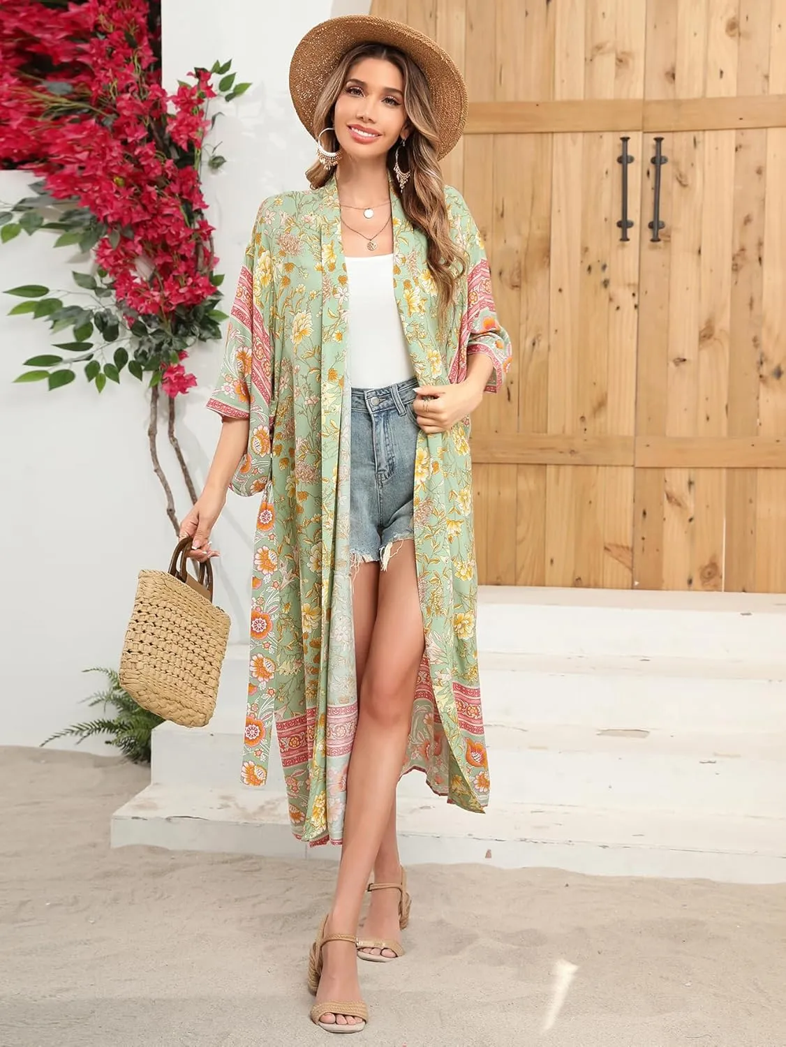 R.Vivimos Women's Vintage Floral Print Beach Boho Cardigan Kimono Maxi Swimwear Cover up Dress Wrap