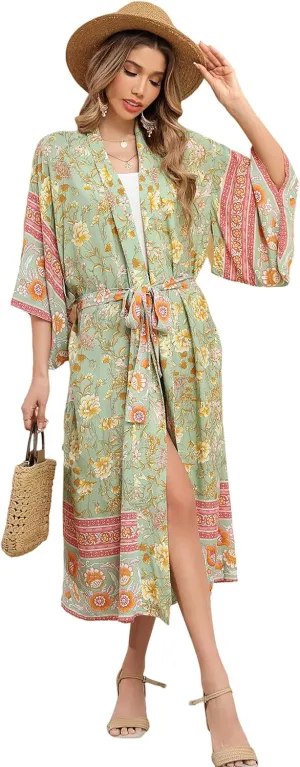 R.Vivimos Women's Vintage Floral Print Beach Boho Cardigan Kimono Maxi Swimwear Cover up Dress Wrap