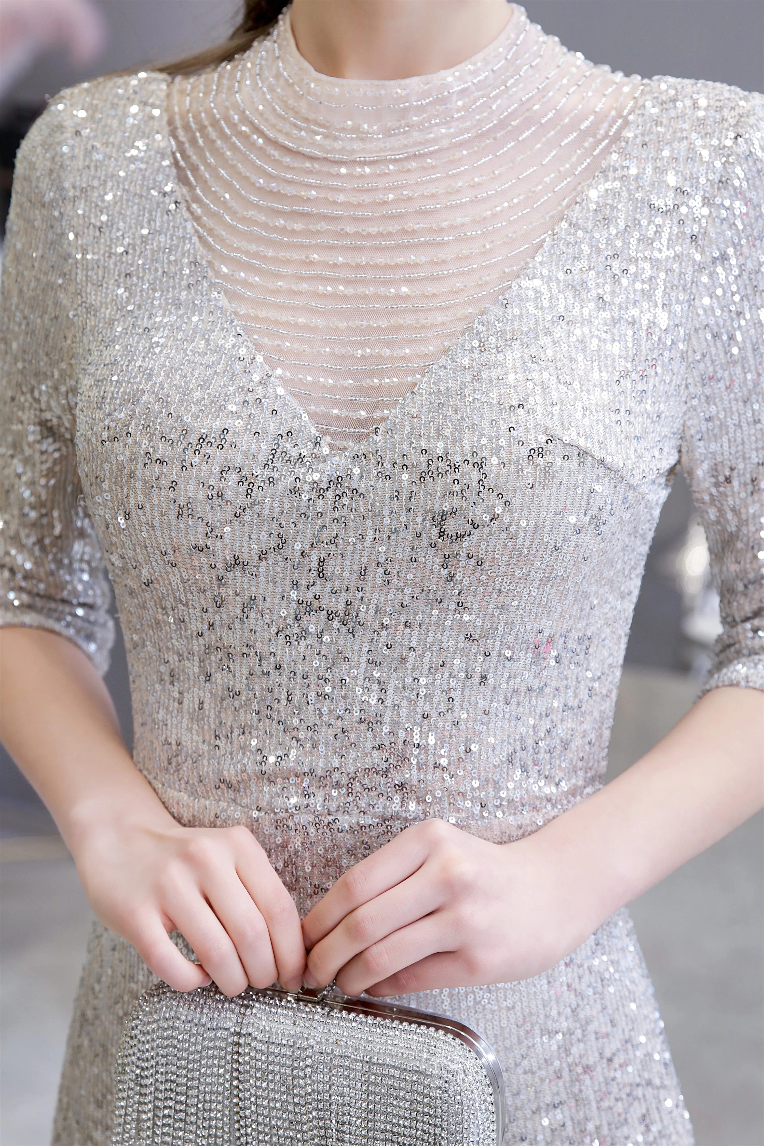 Silver Long sleeves Long Prom Dresses