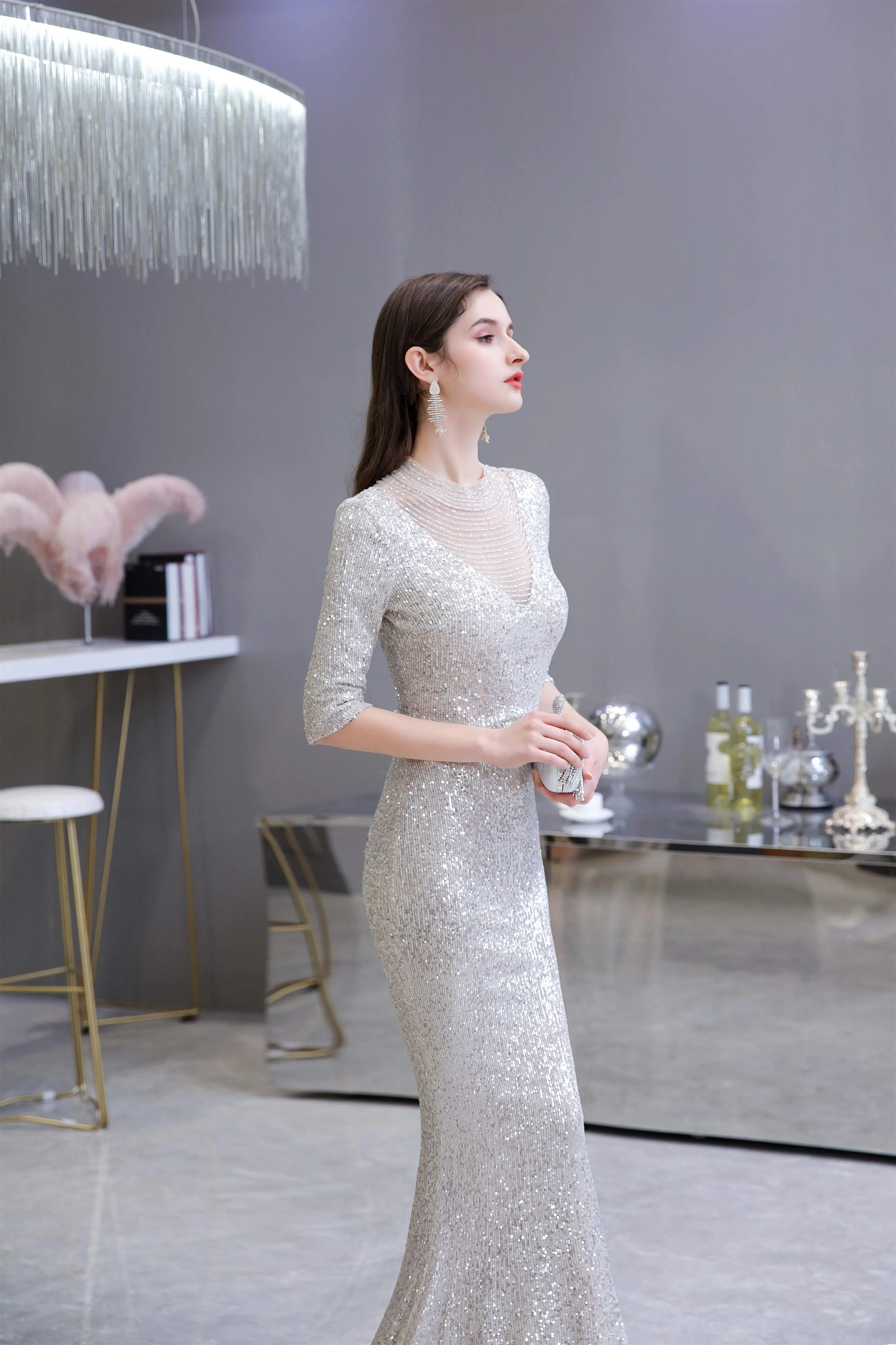 Silver Long sleeves Long Prom Dresses