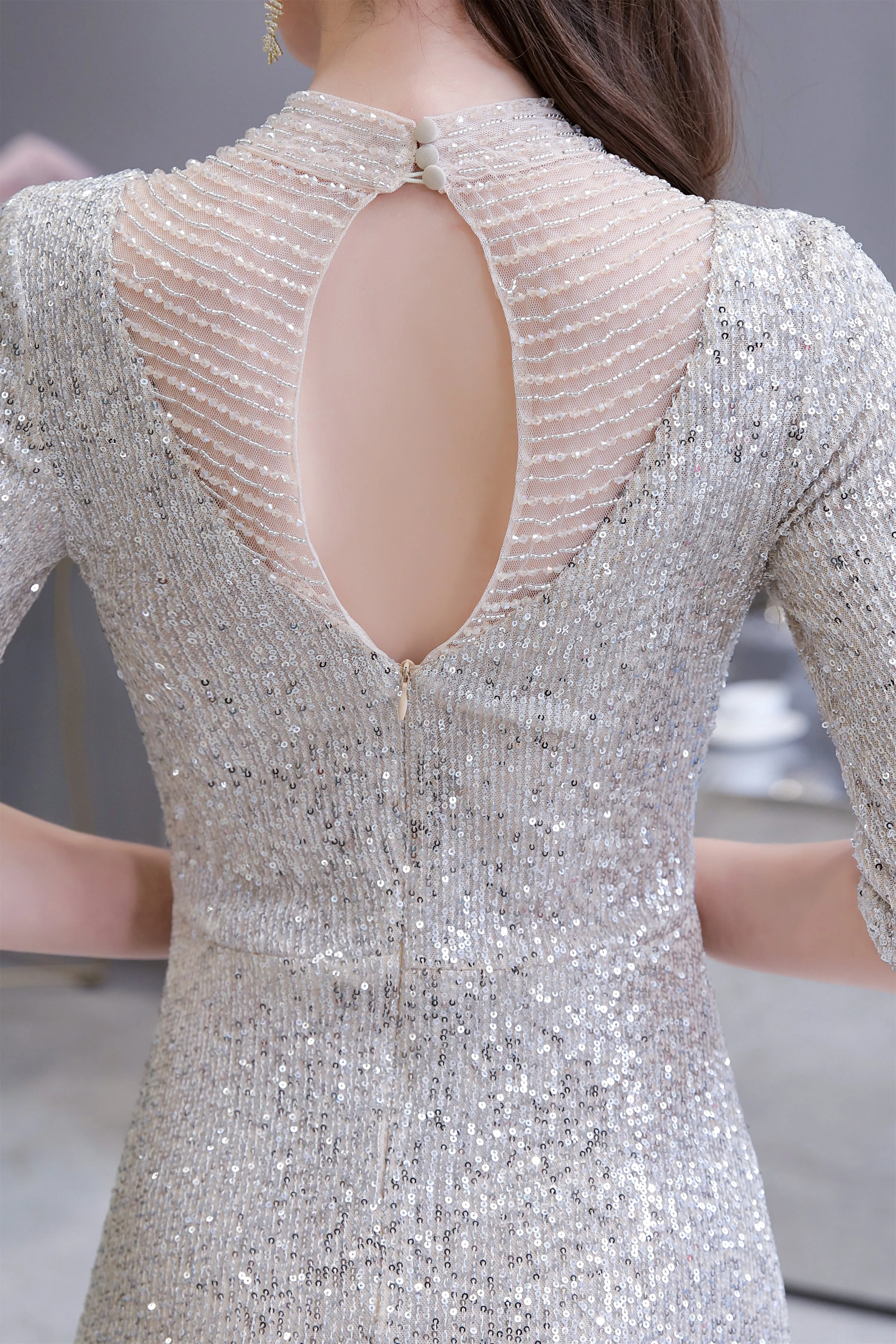 Silver Long sleeves Long Prom Dresses