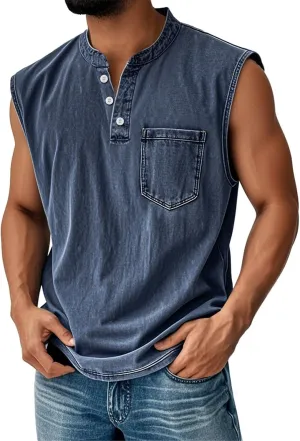Sleeveless Shirts for Men Henley Neck Sleeveless Workout Muscle Tank Tops Summer Relaxed Fit Plain Oversized Tshirts