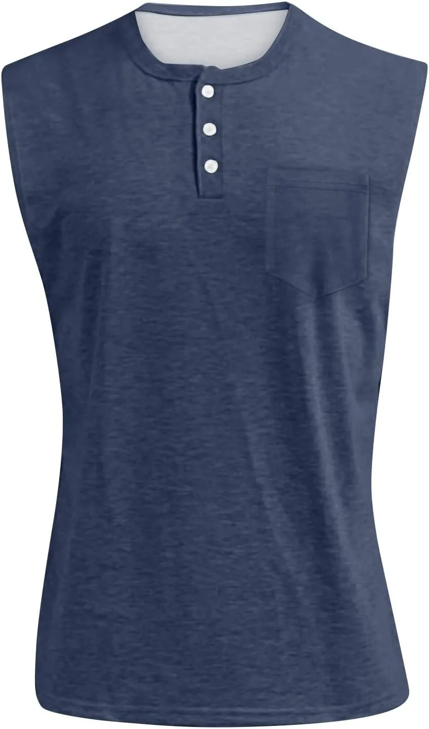 Sleeveless Shirts for Men Henley Neck Sleeveless Workout Muscle Tank Tops Summer Relaxed Fit Plain Oversized Tshirts