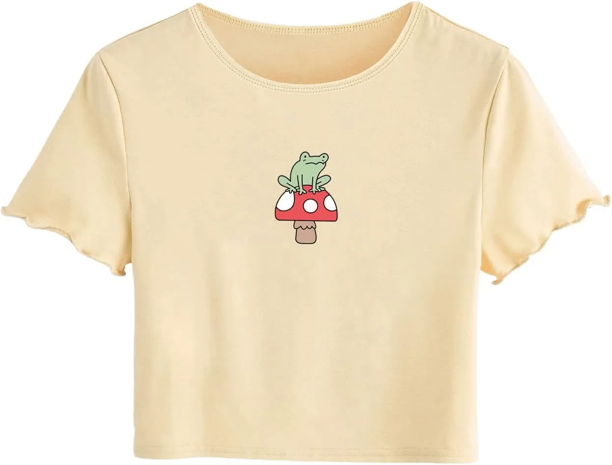 SweatyRocks Women's Graphic Print Round Neck T Shirt Short Sleeve Crop Tee Tops