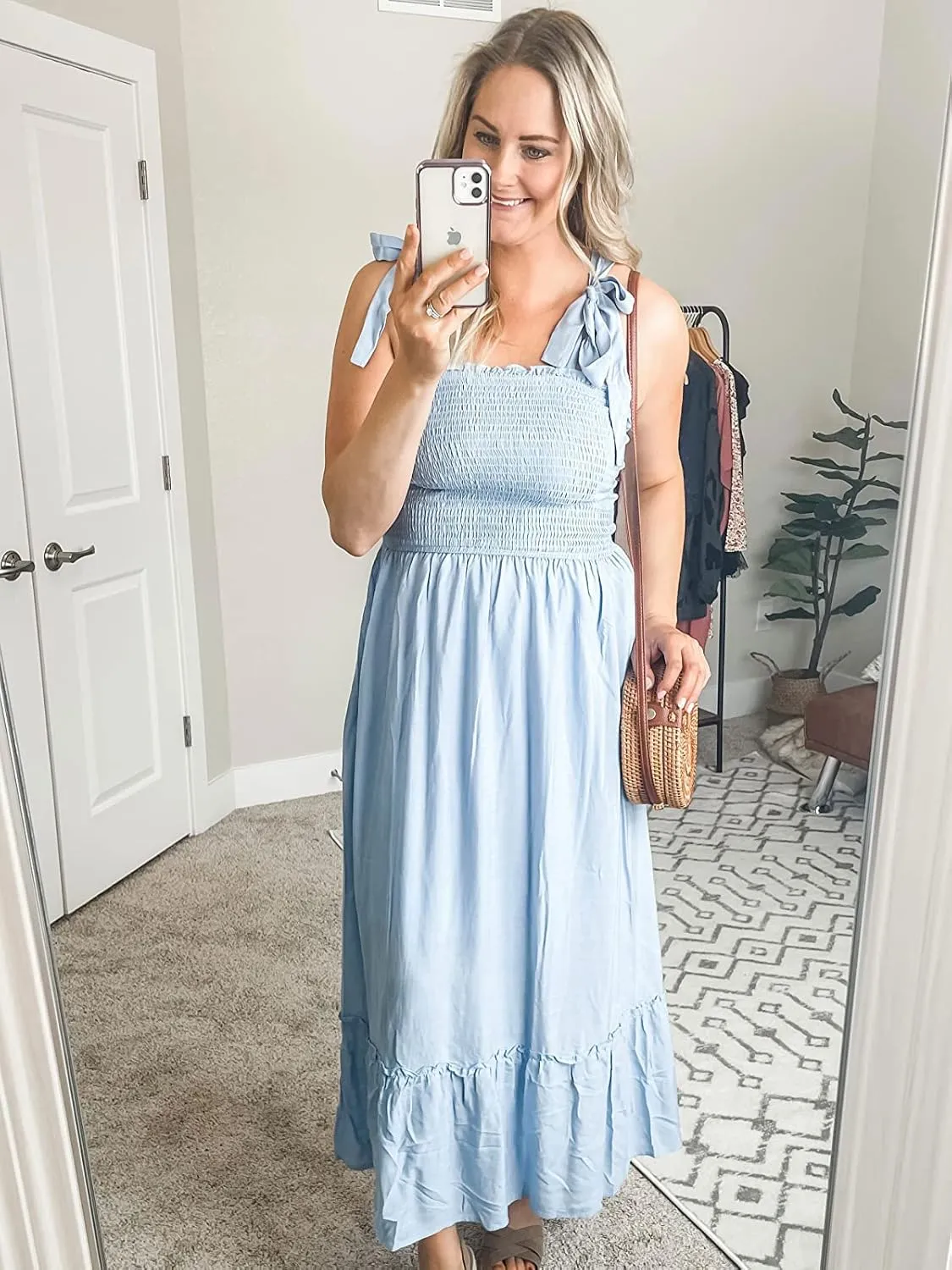 Tobrief Women's Boho Dress Summer Spaghetti Strap Square Neck Flowy Ruffle Beach Long Maxi Dress