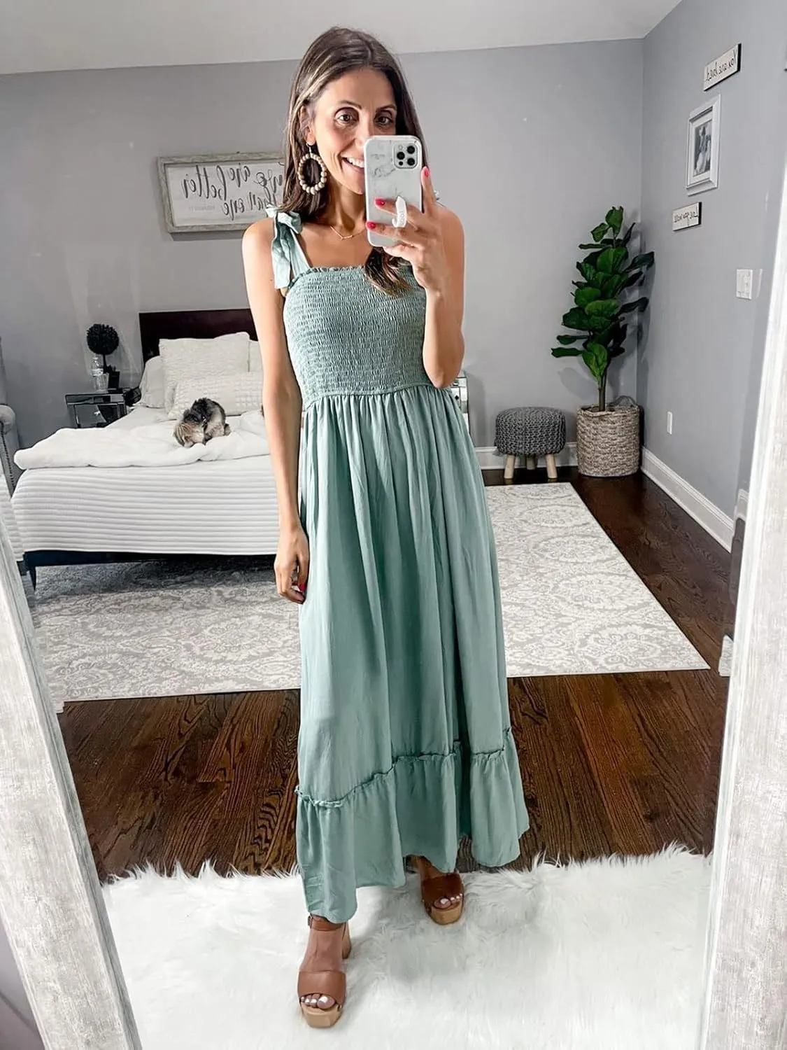 Tobrief Women's Boho Dress Summer Spaghetti Strap Square Neck Flowy Ruffle Beach Long Maxi Dress