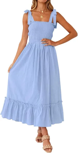 Tobrief Women's Boho Dress Summer Spaghetti Strap Square Neck Flowy Ruffle Beach Long Maxi Dress