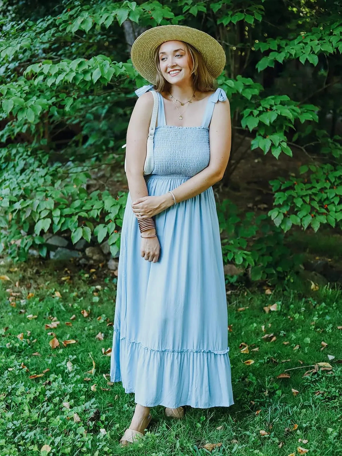Tobrief Women's Boho Dress Summer Spaghetti Strap Square Neck Flowy Ruffle Beach Long Maxi Dress