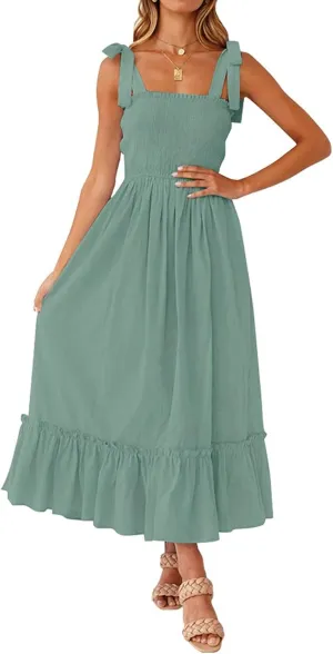Tobrief Women's Boho Dress Summer Spaghetti Strap Square Neck Flowy Ruffle Beach Long Maxi Dress
