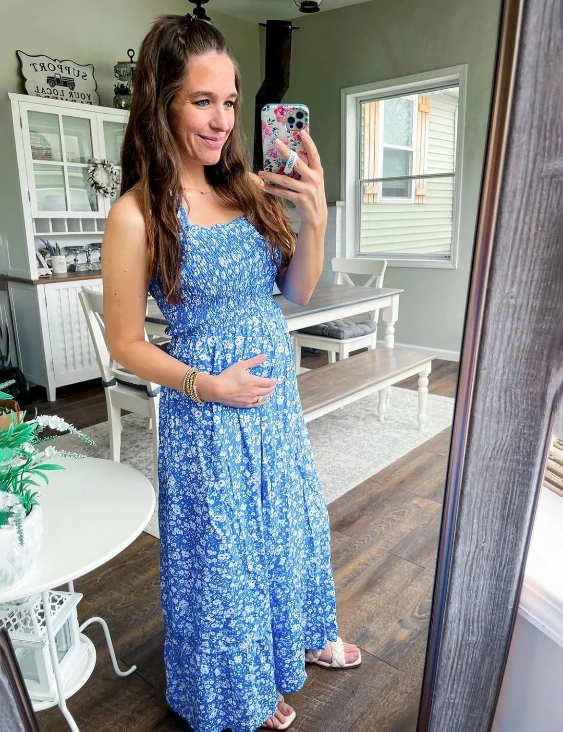 Tobrief Women's Boho Dress Summer Spaghetti Strap Square Neck Flowy Ruffle Beach Long Maxi Dress