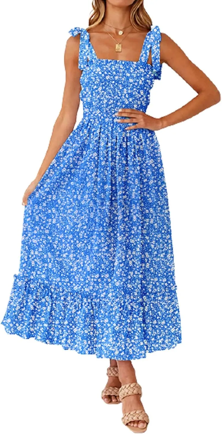 Tobrief Women's Boho Dress Summer Spaghetti Strap Square Neck Flowy Ruffle Beach Long Maxi Dress