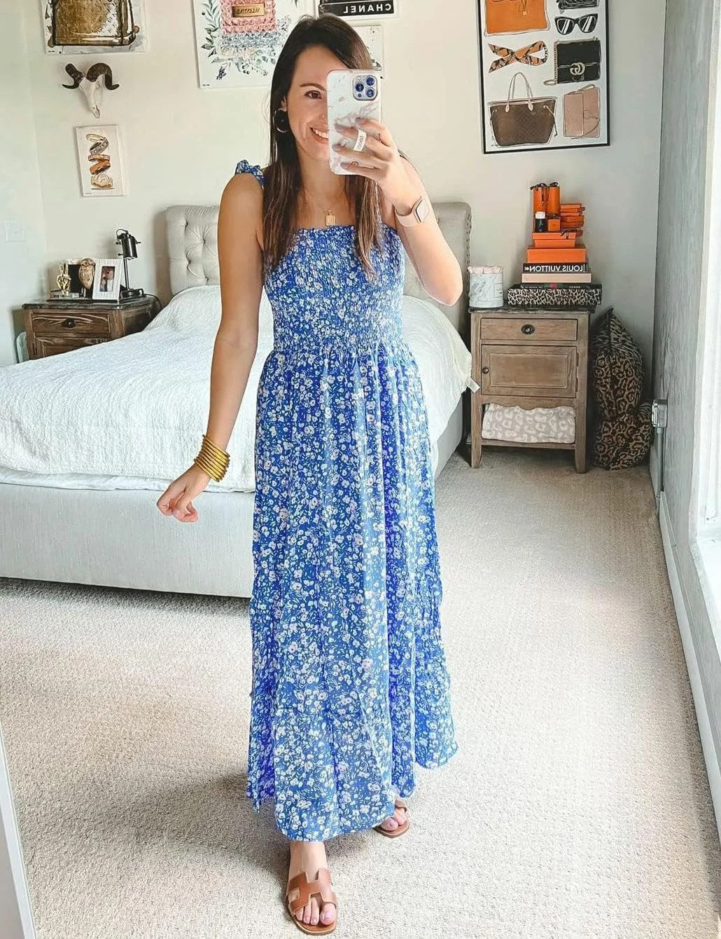 Tobrief Women's Boho Dress Summer Spaghetti Strap Square Neck Flowy Ruffle Beach Long Maxi Dress
