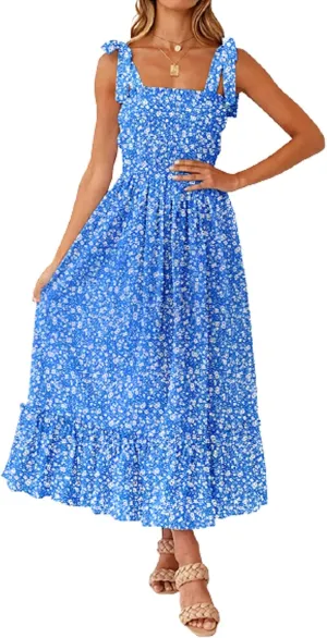 Tobrief Women's Boho Dress Summer Spaghetti Strap Square Neck Flowy Ruffle Beach Long Maxi Dress