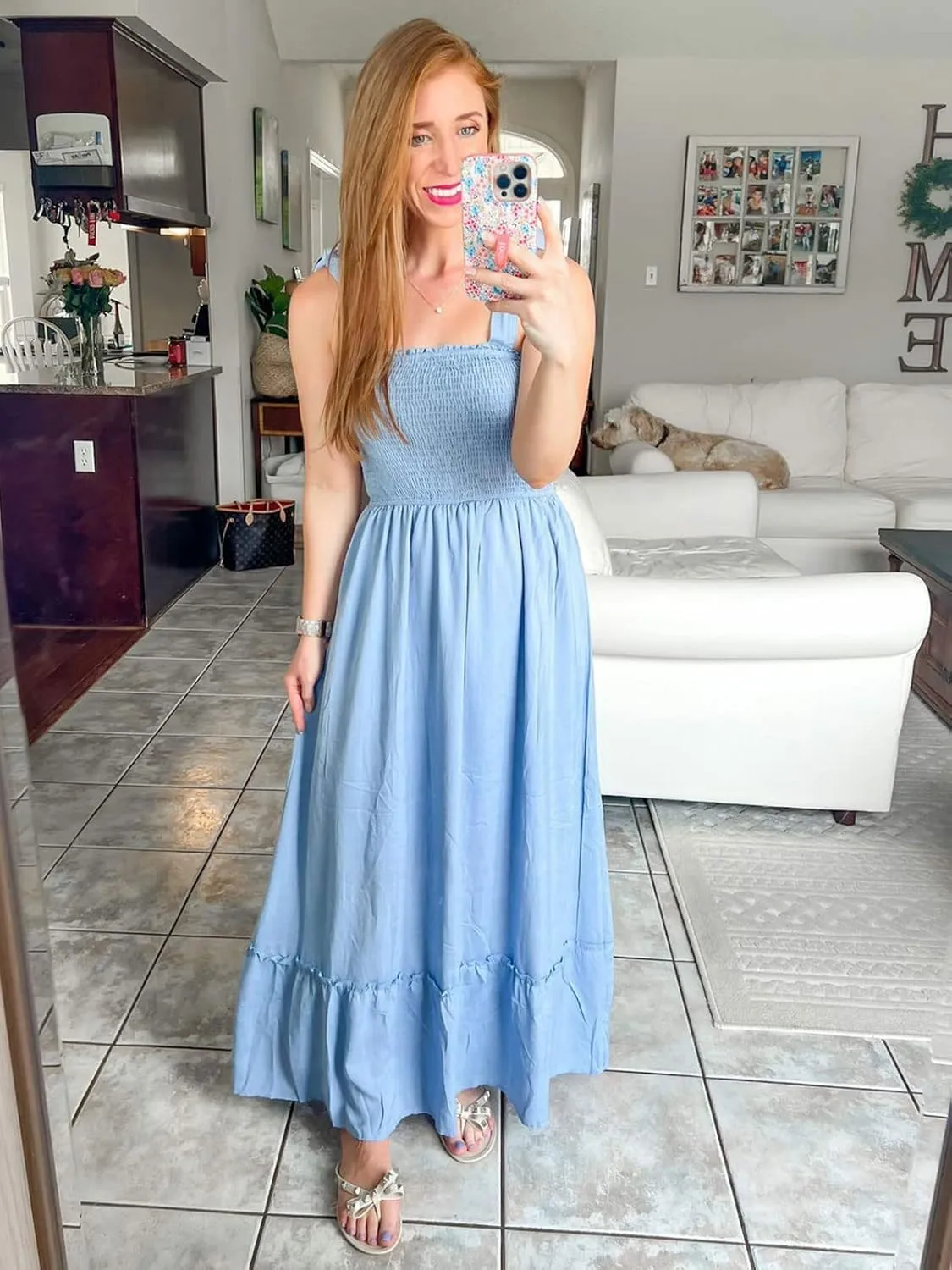 Tobrief Women's Boho Dress Summer Spaghetti Strap Square Neck Flowy Ruffle Beach Long Maxi Dress