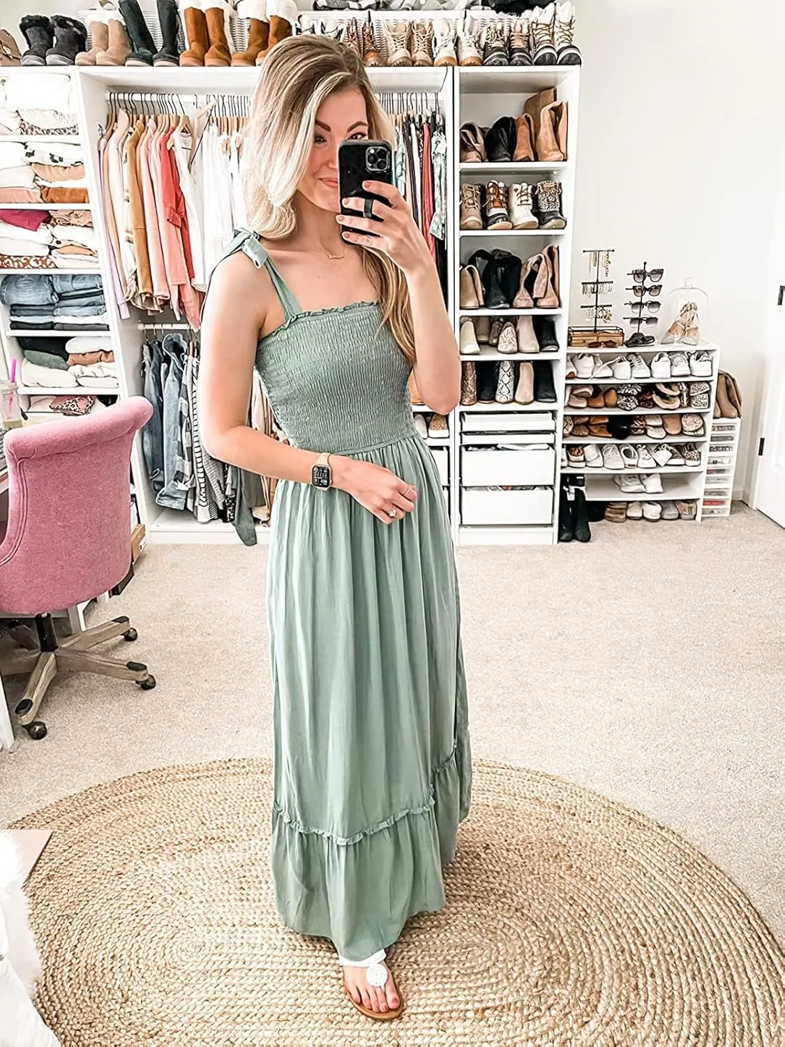 Tobrief Women's Boho Dress Summer Spaghetti Strap Square Neck Flowy Ruffle Beach Long Maxi Dress