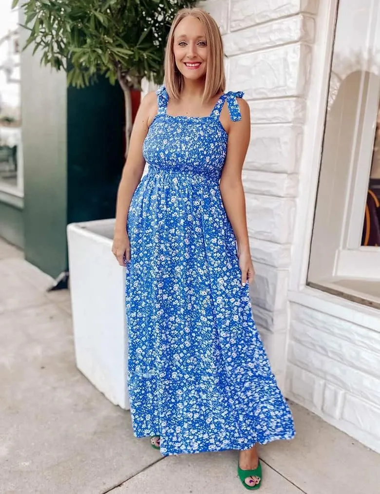 Tobrief Women's Boho Dress Summer Spaghetti Strap Square Neck Flowy Ruffle Beach Long Maxi Dress