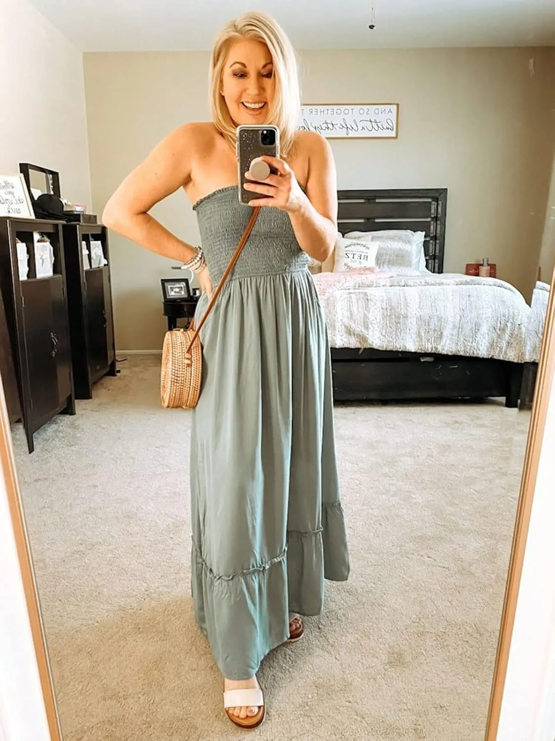 Tobrief Women's Boho Dress Summer Spaghetti Strap Square Neck Flowy Ruffle Beach Long Maxi Dress