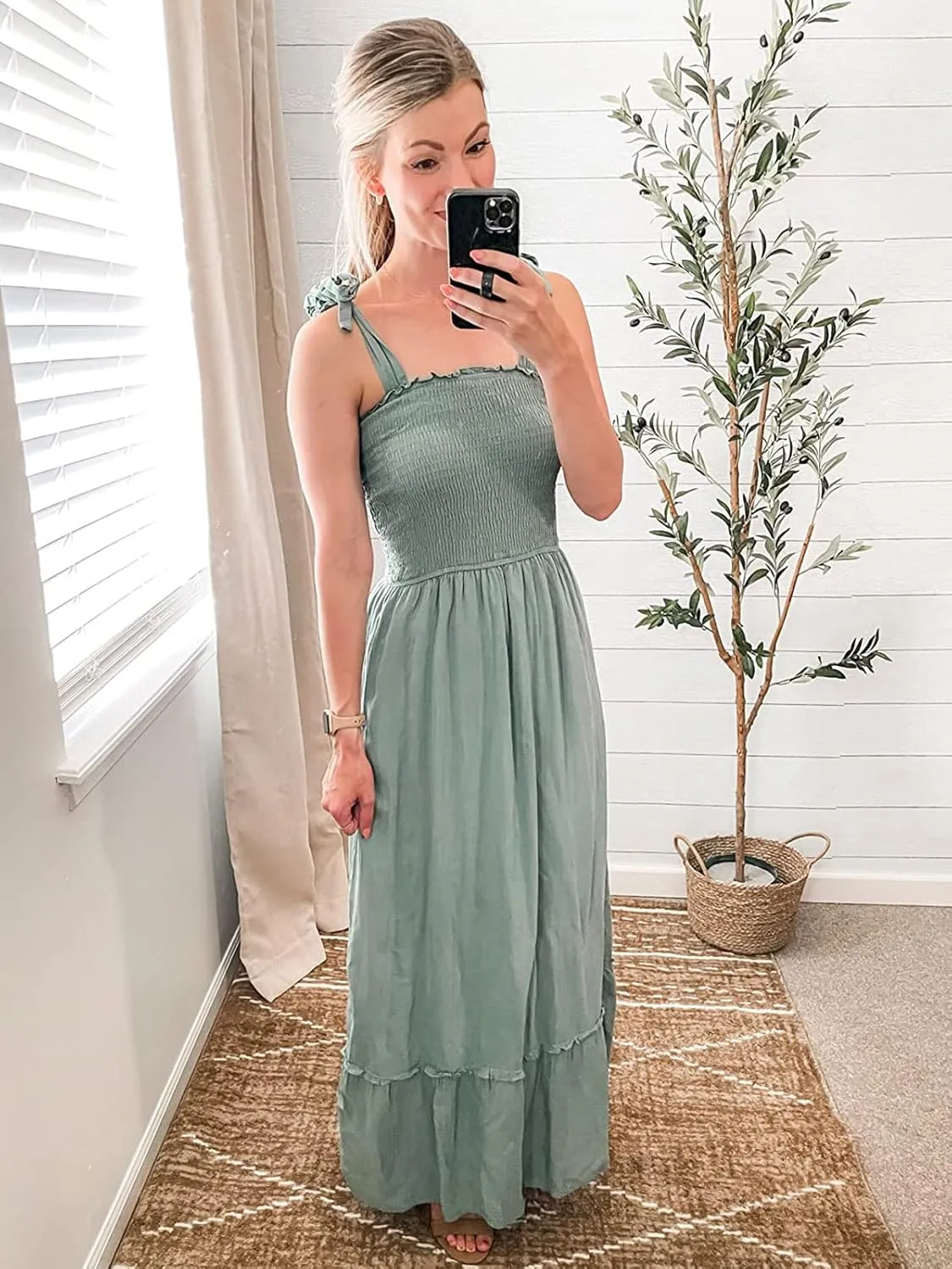 Tobrief Women's Boho Dress Summer Spaghetti Strap Square Neck Flowy Ruffle Beach Long Maxi Dress