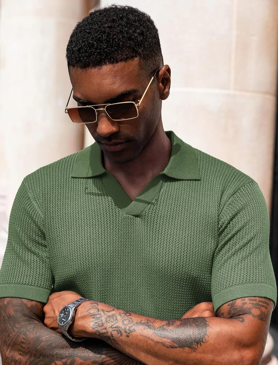 URRU Mens Muscle Polo Shirt Casual Short Sleeve Hollow Out Knit Shirts V Neck Mesh Beach Polo Shirt