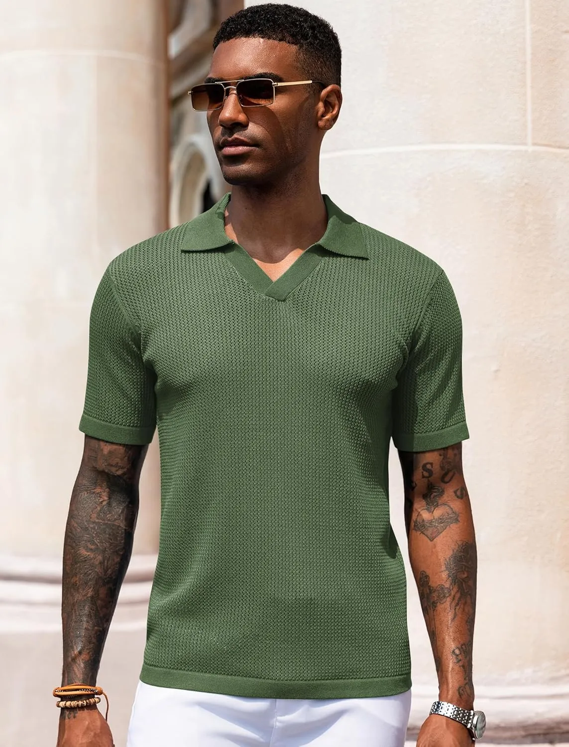 URRU Mens Muscle Polo Shirt Casual Short Sleeve Hollow Out Knit Shirts V Neck Mesh Beach Polo Shirt