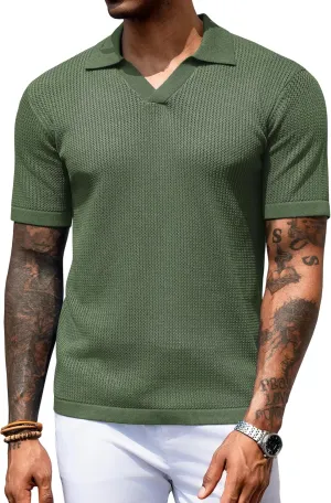 URRU Mens Muscle Polo Shirt Casual Short Sleeve Hollow Out Knit Shirts V Neck Mesh Beach Polo Shirt
