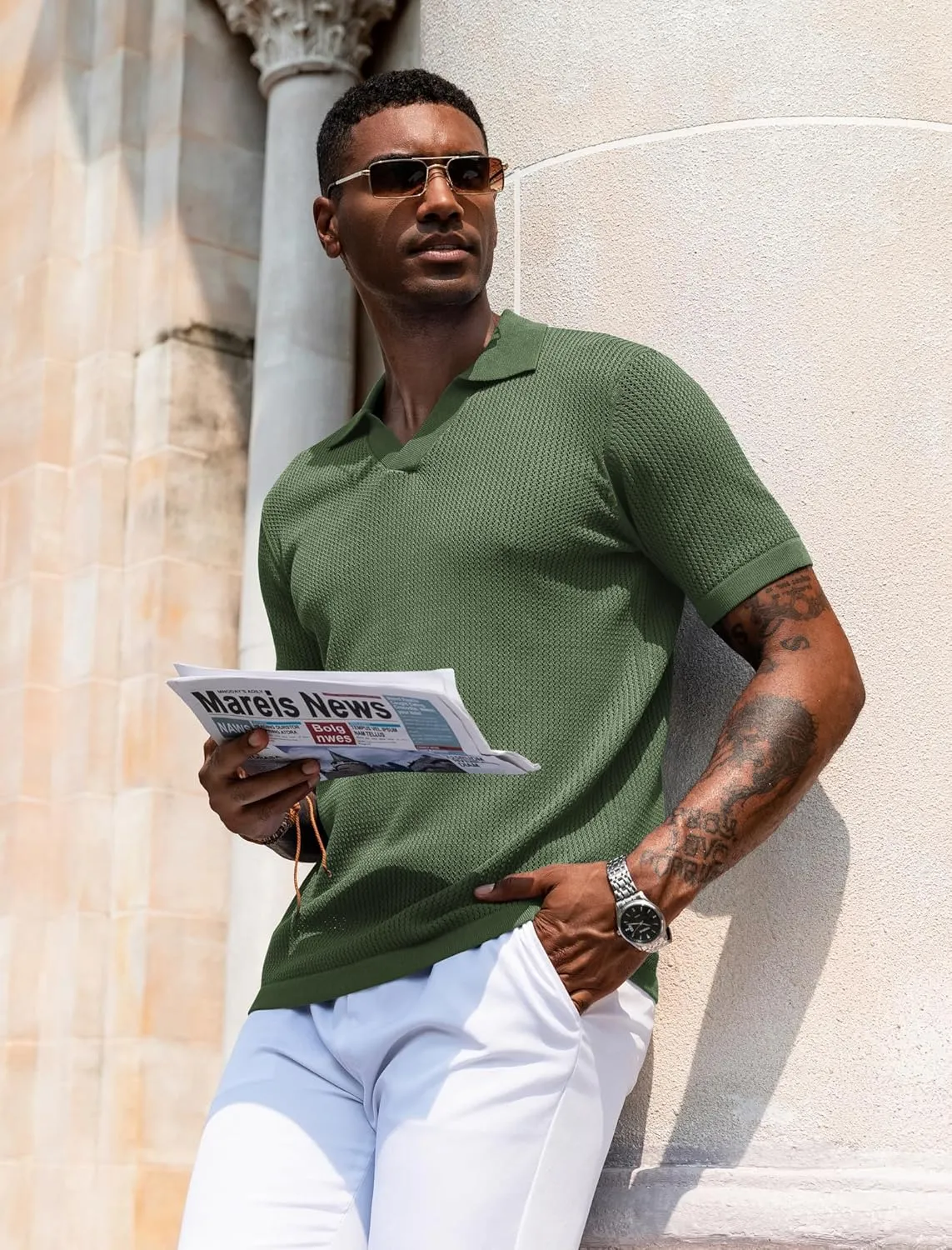 URRU Mens Muscle Polo Shirt Casual Short Sleeve Hollow Out Knit Shirts V Neck Mesh Beach Polo Shirt