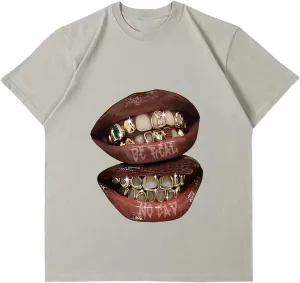 Verdusa Women's Lips Print Graphic Tees Y2k T Shirts Summer Crew Neck Vintage Going Out Tops