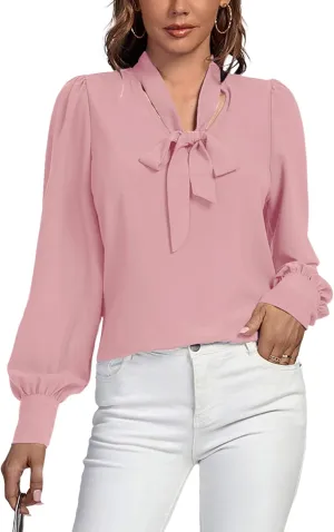 Vrtige Women's Elegant Bow Tie Neck Long Sleeve Blouse Office Top Shirt
