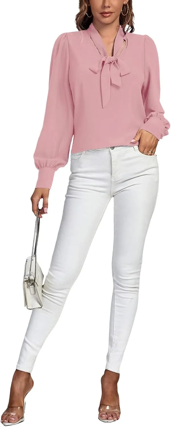 Vrtige Women's Elegant Bow Tie Neck Long Sleeve Blouse Office Top Shirt