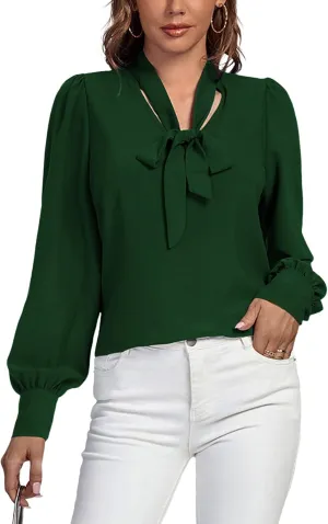 Vrtige Women's Elegant Bow Tie Neck Long Sleeve Blouse Office Top Shirt