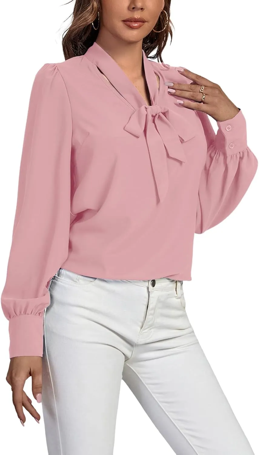 Vrtige Women's Elegant Bow Tie Neck Long Sleeve Blouse Office Top Shirt