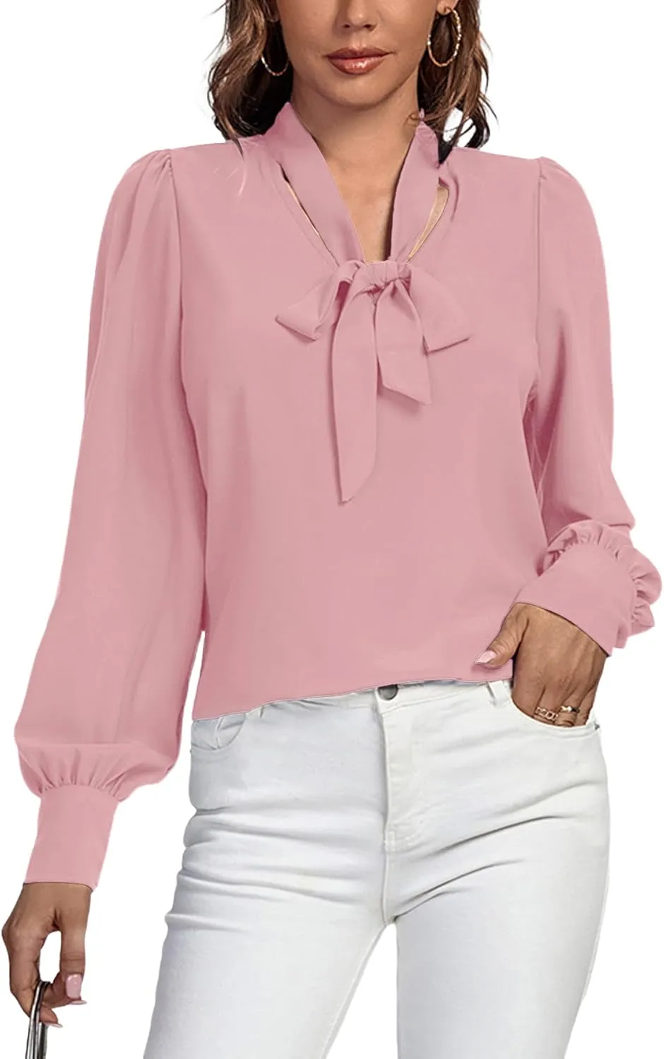 Vrtige Women's Elegant Bow Tie Neck Long Sleeve Blouse Office Top Shirt