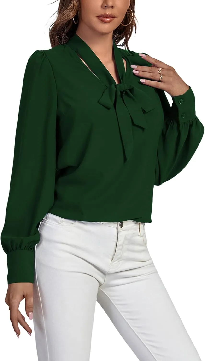 Vrtige Women's Elegant Bow Tie Neck Long Sleeve Blouse Office Top Shirt
