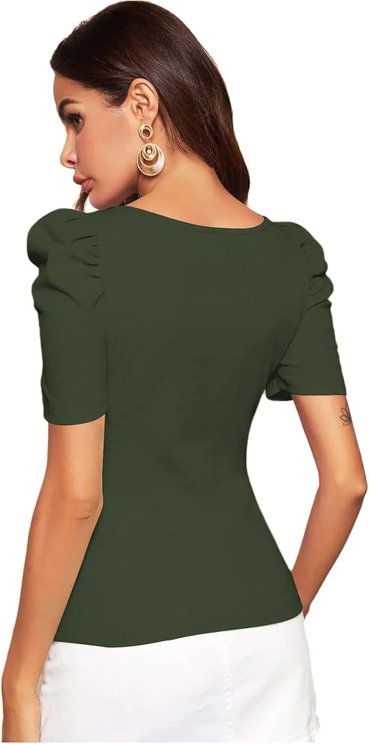 WDIRARA Women's Puff Sleeve Square Neck Short Sleeve Elegant Tee Top