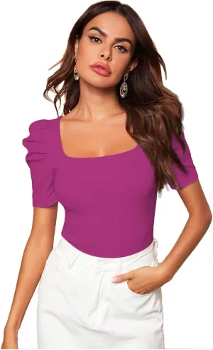 WDIRARA Women's Puff Sleeve Square Neck Short Sleeve Elegant Tee Top