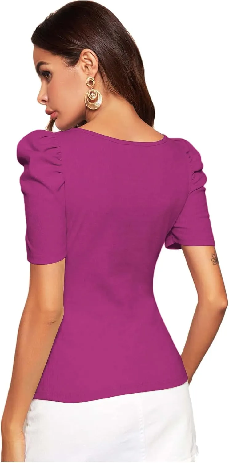 WDIRARA Women's Puff Sleeve Square Neck Short Sleeve Elegant Tee Top