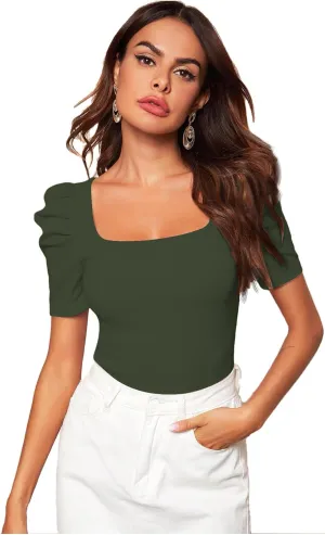 WDIRARA Women's Puff Sleeve Square Neck Short Sleeve Elegant Tee Top