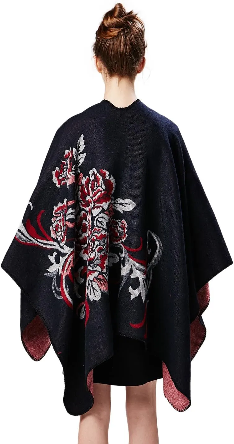 Womens Retro Warm Shawls Poncho Cape Floral Printed Open Front Cardigans Sweater